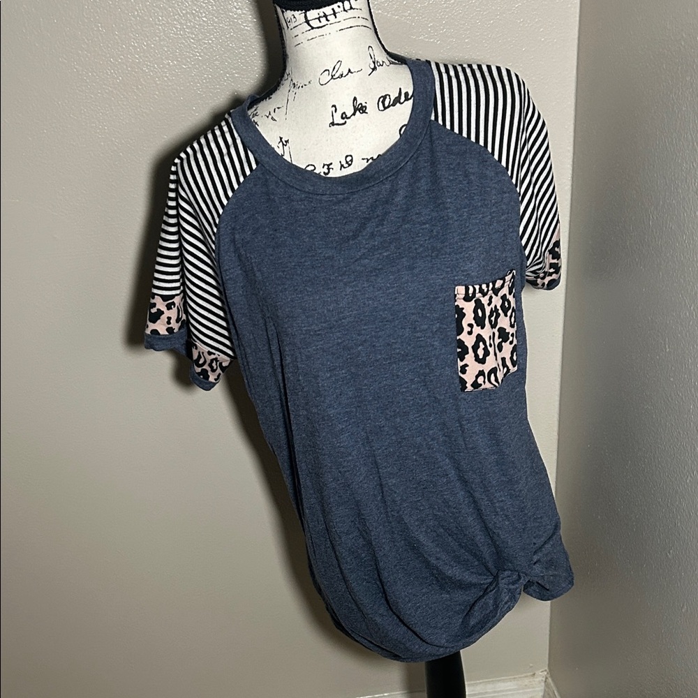 Navy Women's Top with Striped and Leopard Details